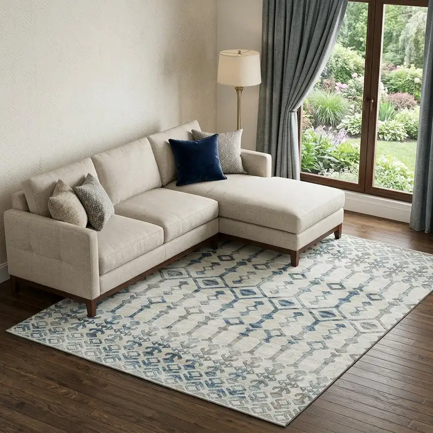 Ivory And Blue Tribal Washable Area Rug With UV Protection Photo 1