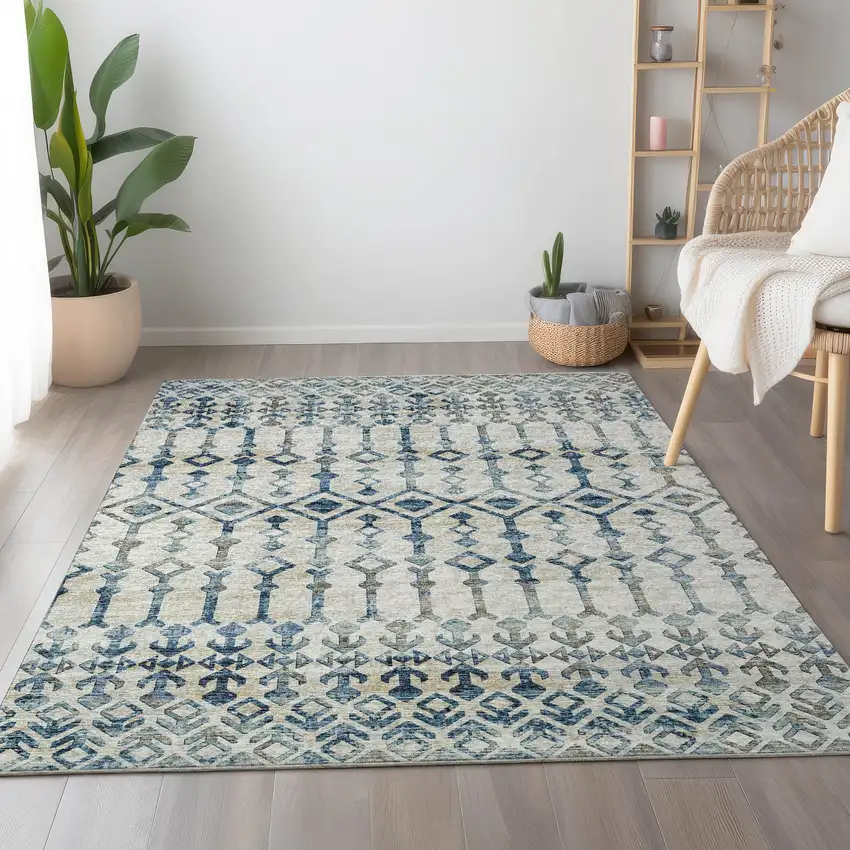 Ivory And Blue Tribal Washable Area Rug With UV Protection Photo 6