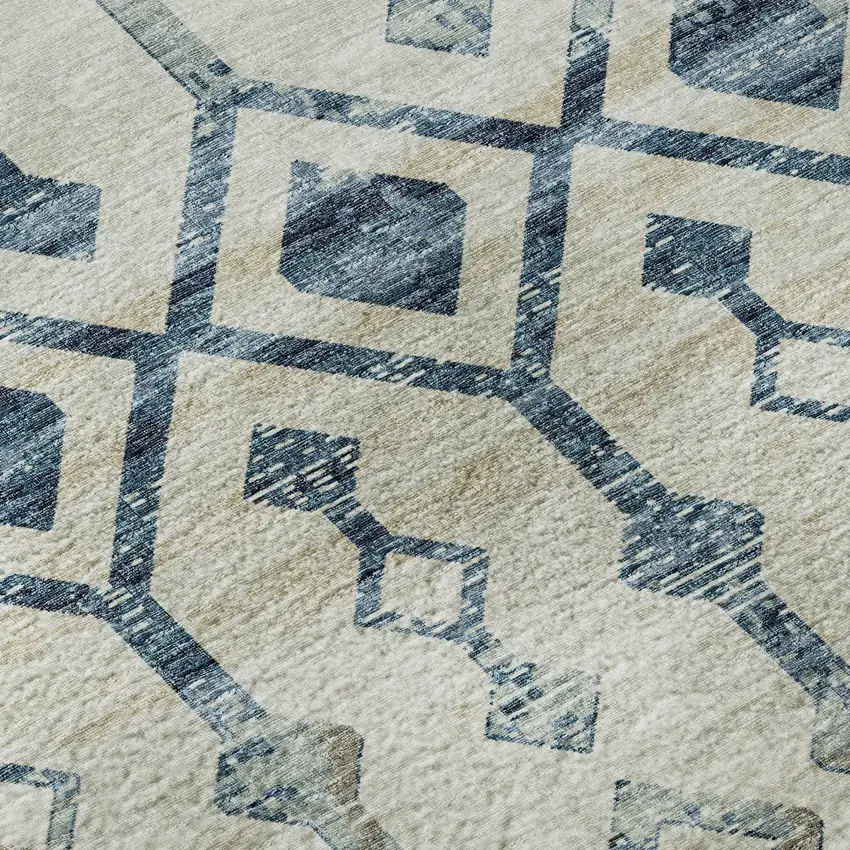 Ivory And Blue Tribal Washable Area Rug With UV Protection Photo 4