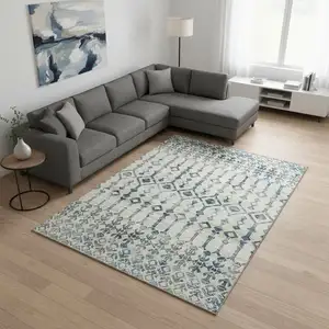Photo of Ivory And Blue Tribal Washable Area Rug With UV Protection