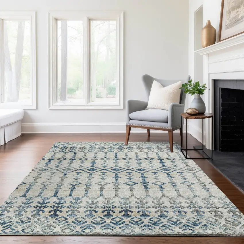 Ivory And Blue Tribal Washable Area Rug With UV Protection Photo 6