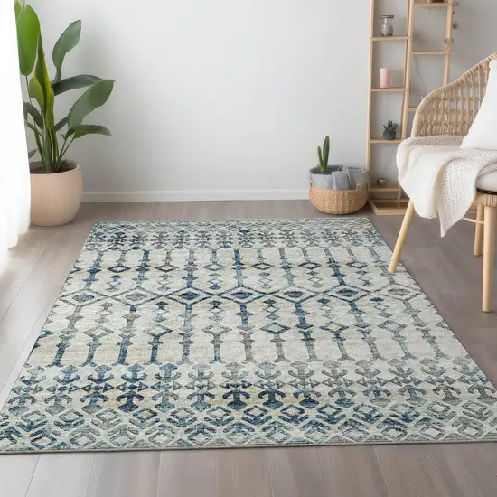 Ivory And Blue Tribal Washable Area Rug With UV Protection Photo 5