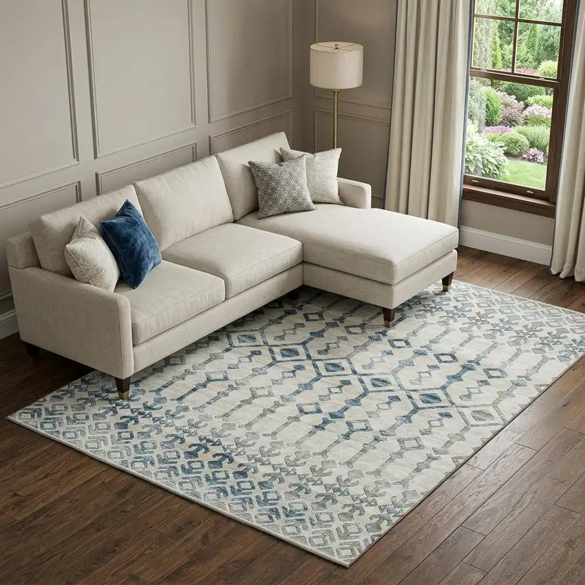 Ivory And Blue Tribal Washable Area Rug With UV Protection Photo 1