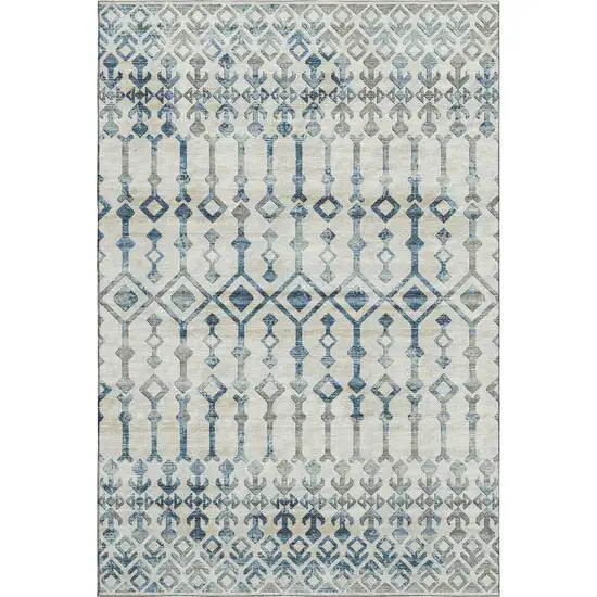 Ivory And Blue Tribal Washable Area Rug With UV Protection Photo 2