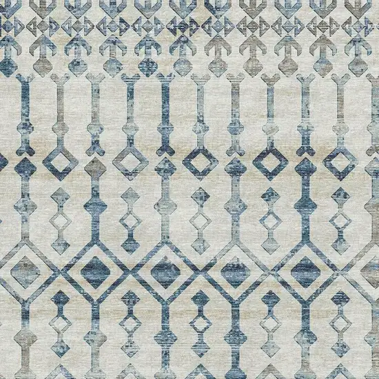 Ivory And Blue Tribal Washable Area Rug With UV Protection Photo 4