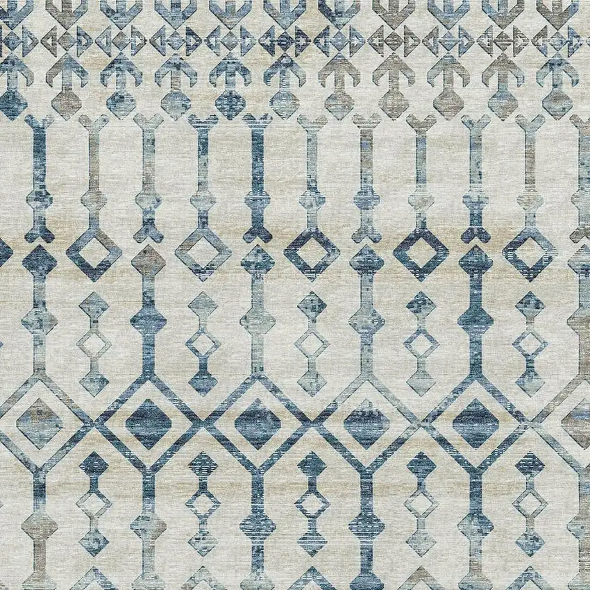 Ivory And Blue Tribal Washable Area Rug With UV Protection Photo 4