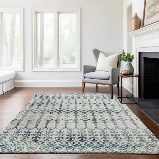 Ivory And Blue Tribal Washable Area Rug With UV Protection Photo 9