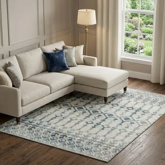 Ivory And Blue Tribal Washable Area Rug With UV Protection Photo 1