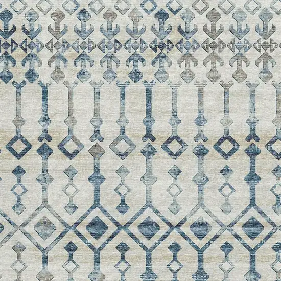 Ivory And Blue Tribal Washable Area Rug With UV Protection Photo 9