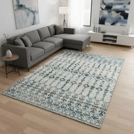 Ivory And Blue Tribal Washable Area Rug With UV Protection Photo 1