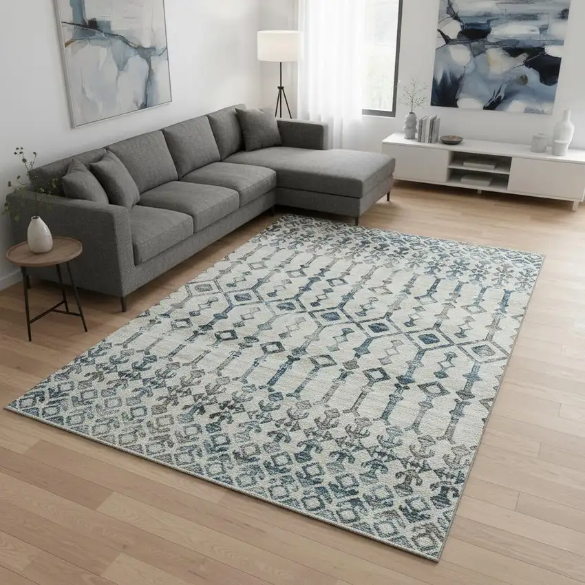 Ivory And Blue Tribal Washable Area Rug With UV Protection Photo 1
