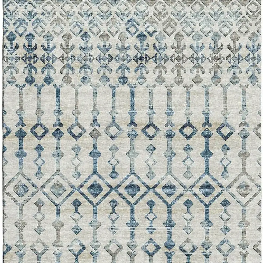 Ivory And Blue Tribal Washable Area Rug With UV Protection Photo 7