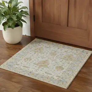 Photo of Ivory And Blue Wool Abstract Hand Tufted Square Rug