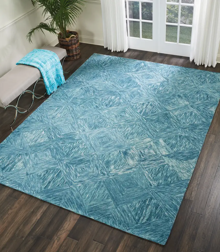 Ivory And Blue Wool Geometric Area Rug Photo 5