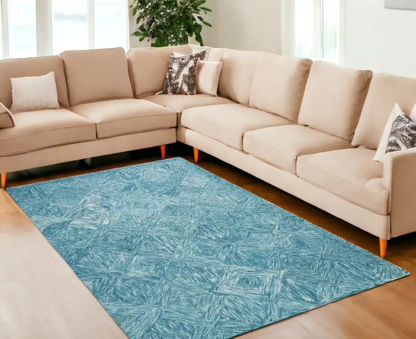 Ivory And Blue Wool Geometric Area Rug Photo 1