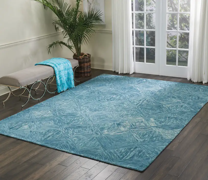 Ivory And Blue Wool Geometric Area Rug Photo 4
