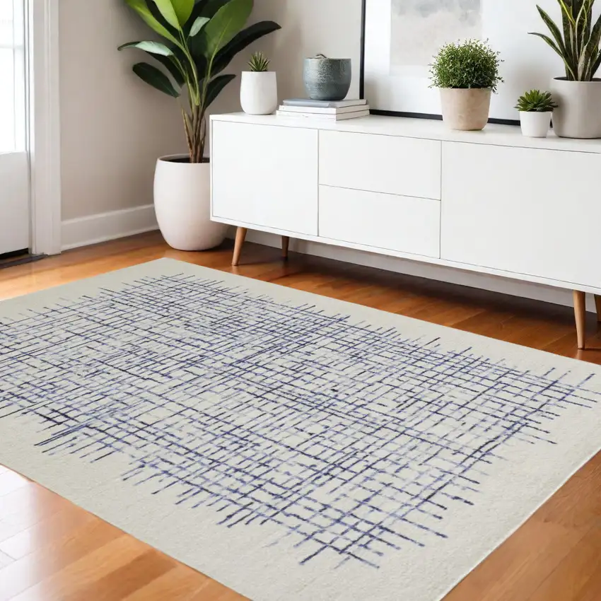 Ivory and Blue Wool Crosshatch Hand Tufted Area Rug Photo 1