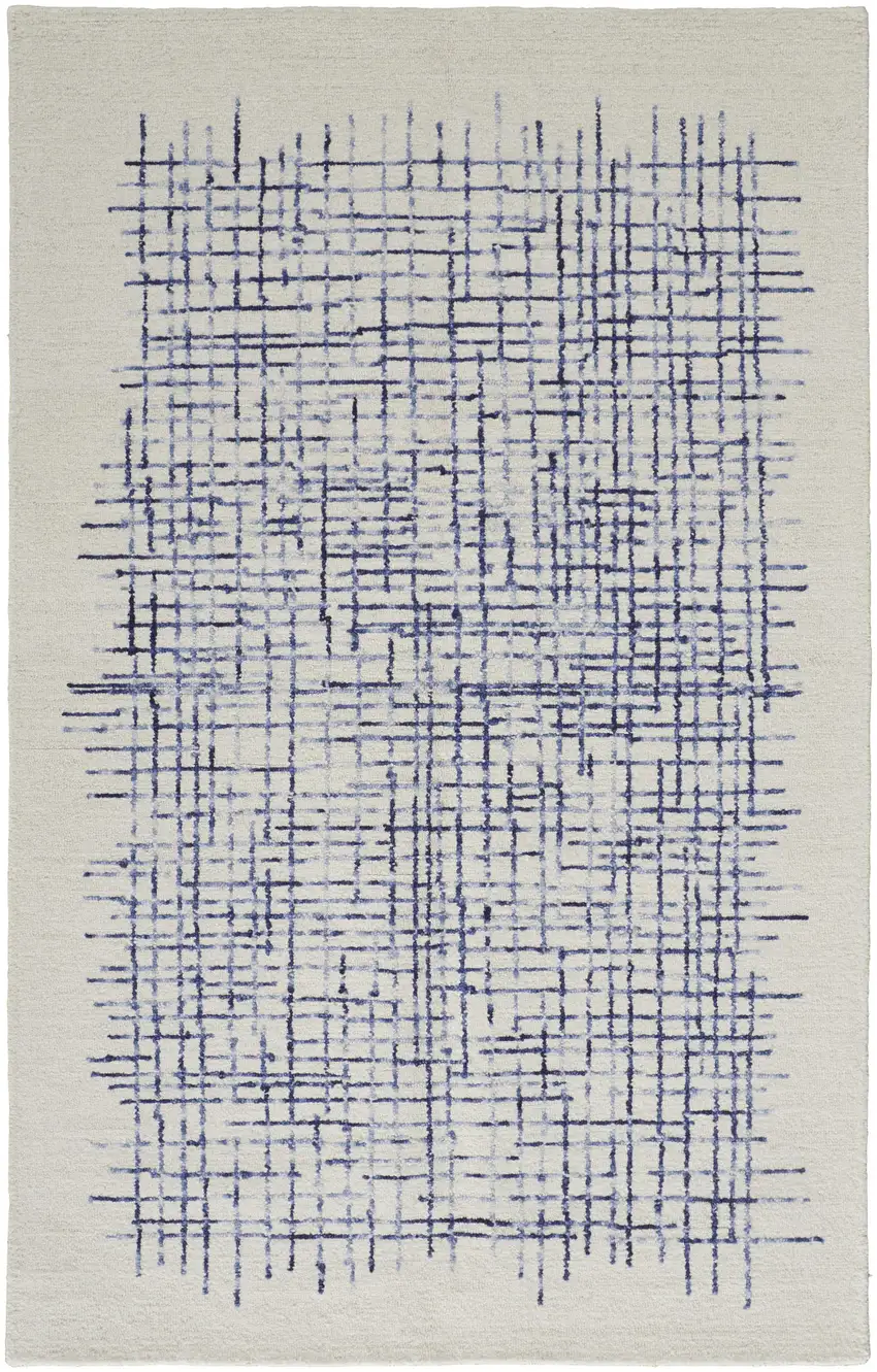 Ivory And Blue Wool Plaid Tufted Handmade Stain Resistant Area Rug Photo 1