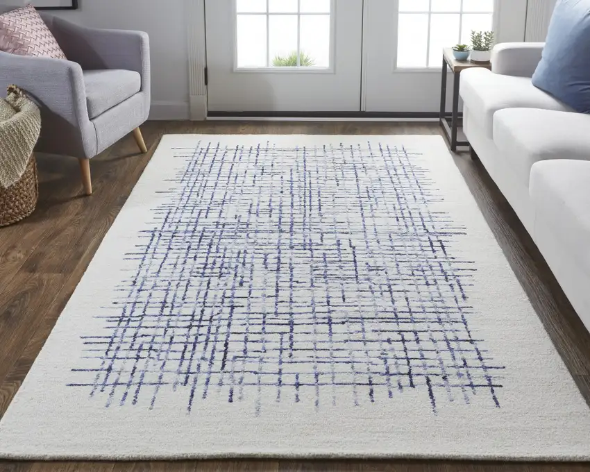 Ivory And Blue Wool Plaid Tufted Handmade Stain Resistant Area Rug Photo 6