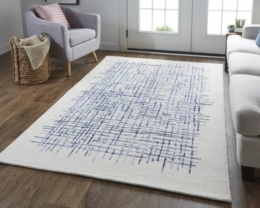 Ivory And Blue Wool Plaid Tufted Handmade Stain Resistant Area Rug Photo 7