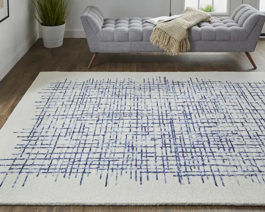 Ivory And Blue Wool Plaid Tufted Handmade Stain Resistant Area Rug Photo 8