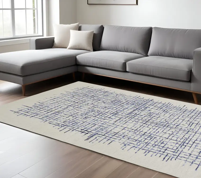 Ivory and Blue Wool Plaid Hand Tufted Area Rug Photo 1