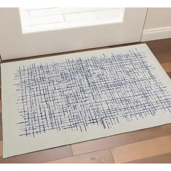 Ivory And Blue Wool Crosshatch Hand Tufted Area Rug Photo 1