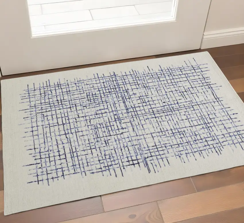 Ivory And Blue Wool Crosshatch Hand Tufted Area Rug Photo 1