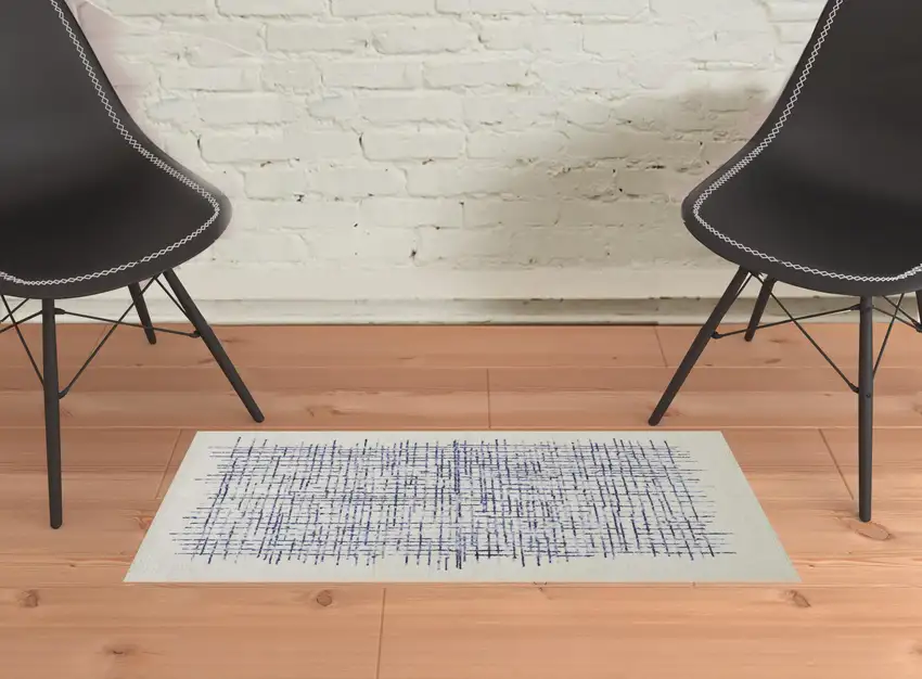 Ivory And Blue Wool Plaid Tufted Handmade Stain Resistant Area Rug Photo 7