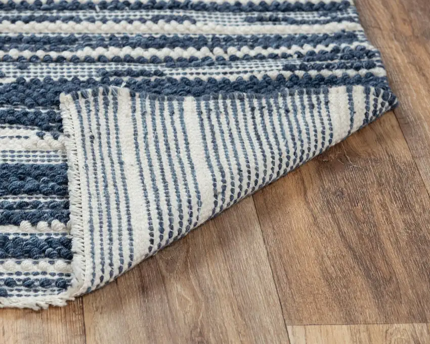 Ivory And Blue Wool Striped Hand Woven Area Rug Photo 7