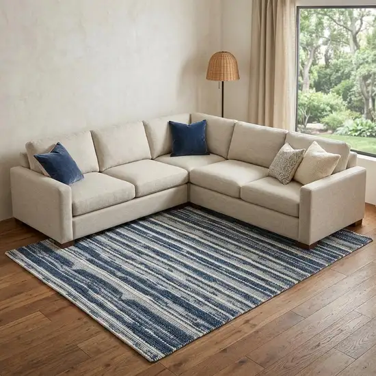 Ivory And Blue Wool Striped Hand Woven Area Rug Photo 1