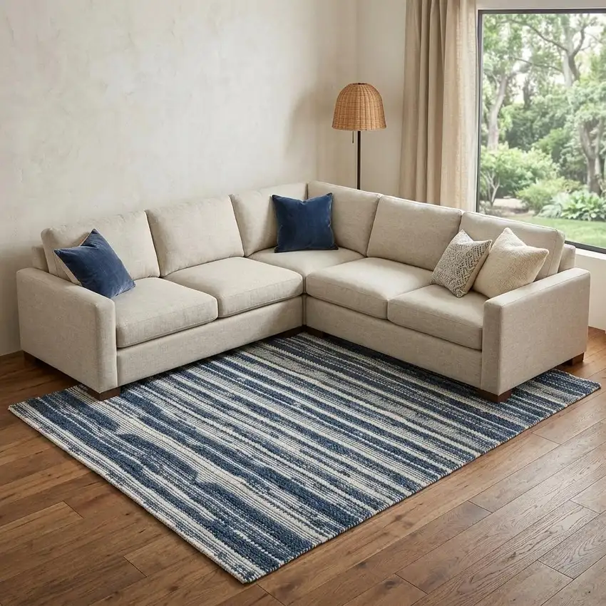 Ivory And Blue Wool Striped Hand Woven Area Rug Photo 1