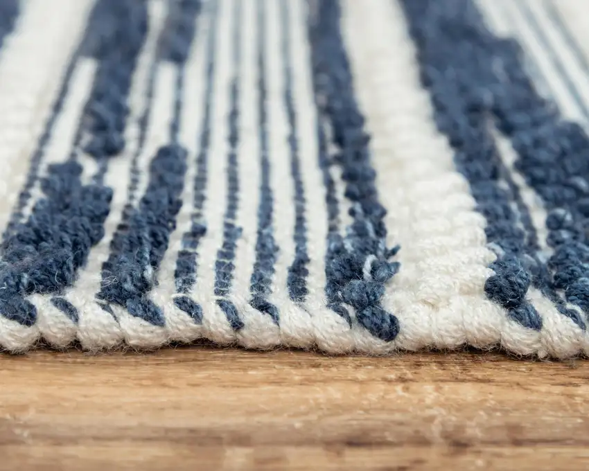 Ivory And Blue Wool Striped Hand Woven Area Rug Photo 6
