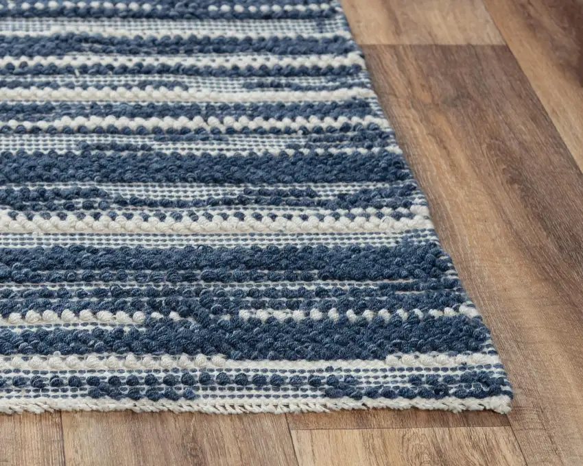 Ivory And Blue Wool Striped Hand Woven Area Rug Photo 3