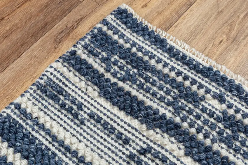 Ivory And Blue Wool Striped Hand Woven Area Rug Photo 5