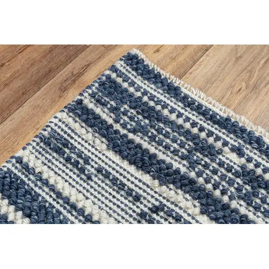 Ivory And Blue Wool Striped Hand Woven Area Rug Photo 5