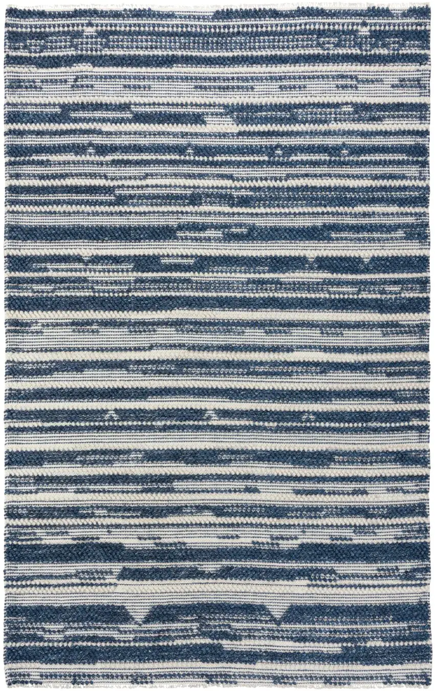 Ivory And Blue Wool Striped Hand Woven Area Rug Photo 2