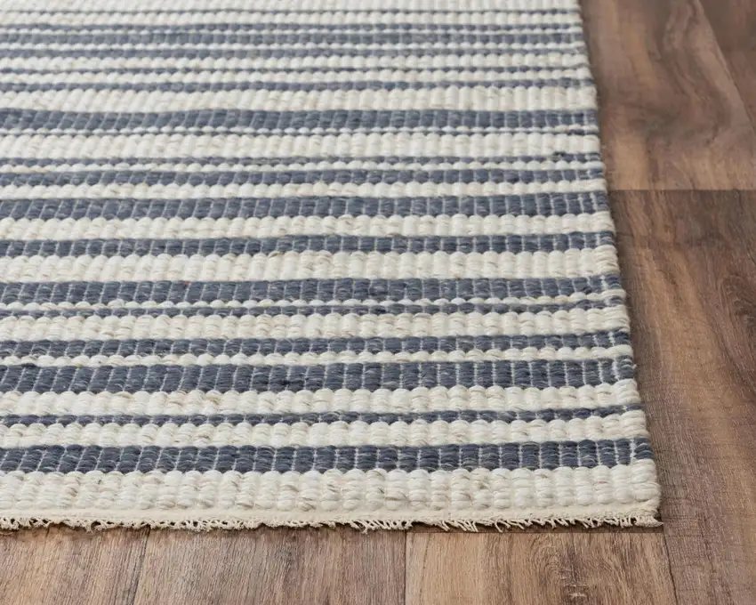 Ivory And Blue Wool Striped Hand Woven Area Rug Photo 3