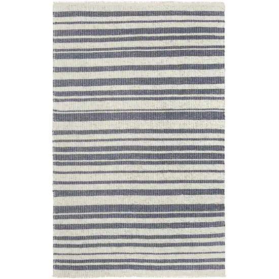 Ivory And Blue Wool Striped Hand Woven Area Rug Photo 2