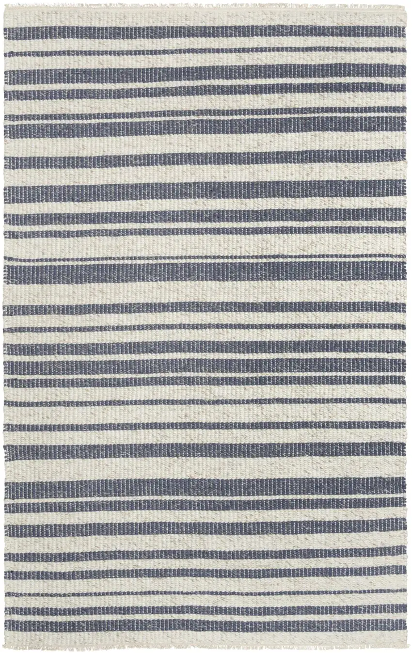 Ivory And Blue Wool Striped Hand Woven Area Rug Photo 2