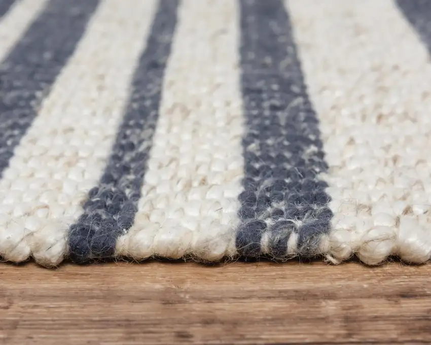 Ivory And Blue Wool Striped Hand Woven Area Rug Photo 6