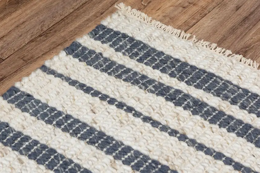 Ivory And Blue Wool Striped Hand Woven Area Rug Photo 5