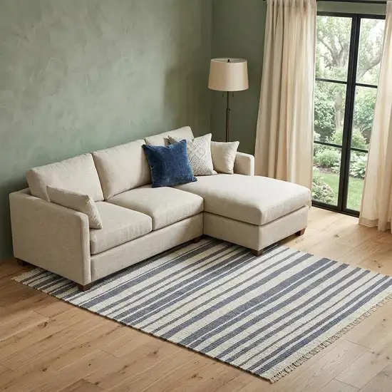 Ivory And Blue Wool Striped Hand Woven Area Rug Photo 1