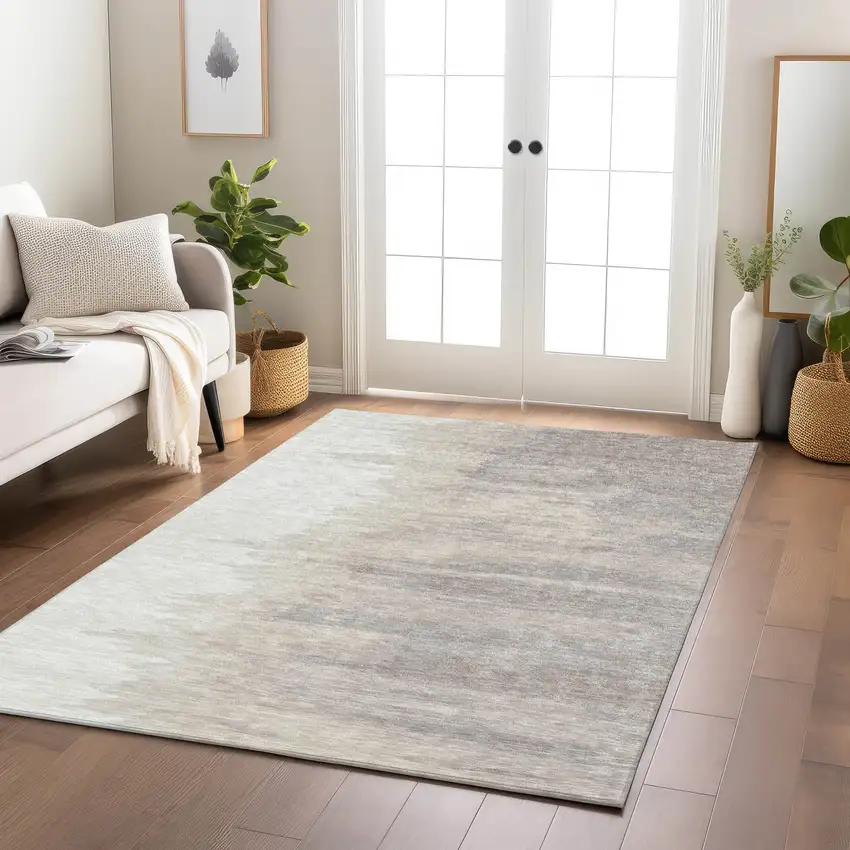 Ivory And Brown Abstract Washable Indoor Outdoor Area Rug Photo 9