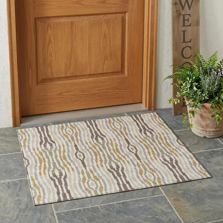 Ivory And Brown Abstract Washable Indoor Outdoor Area Rug Photo 1
