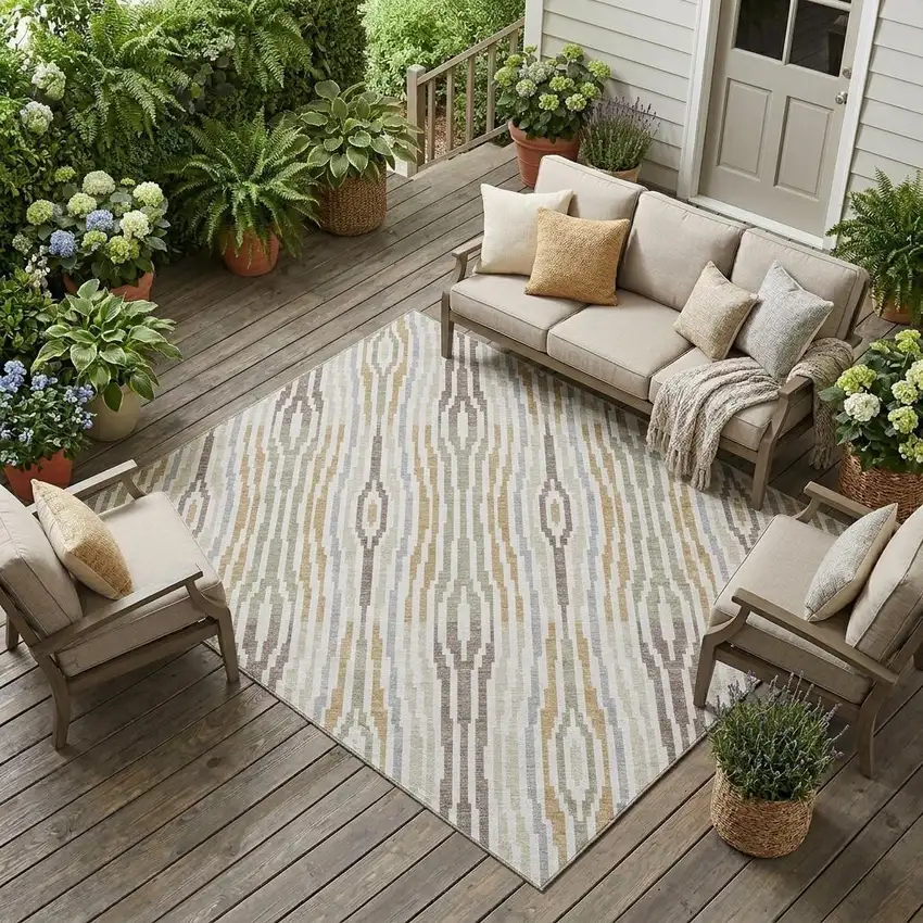 Ivory And Brown Abstract Washable Indoor Outdoor Area Rug Photo 1