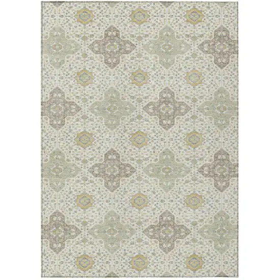 Ivory And Brown Damask Washable Indoor Outdoor Area Rug Photo 2