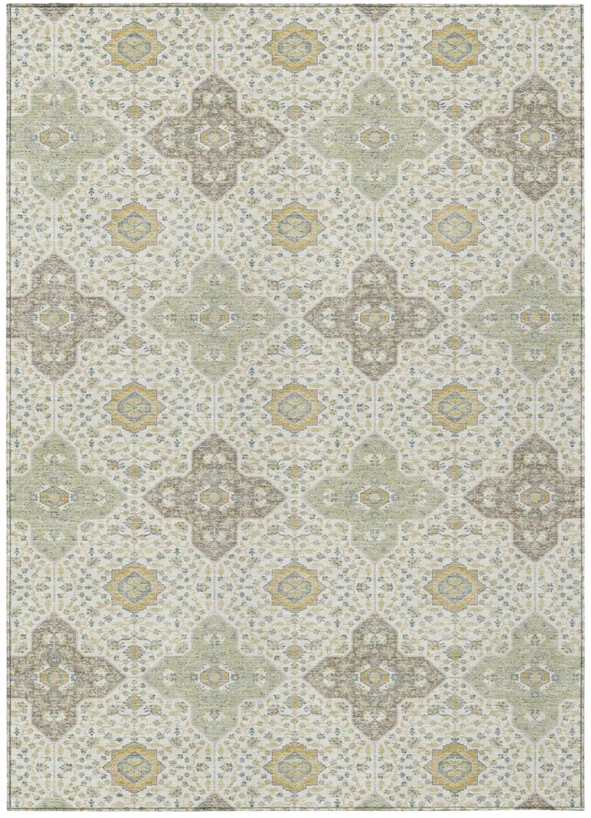 Ivory And Brown Damask Washable Indoor Outdoor Area Rug Photo 2