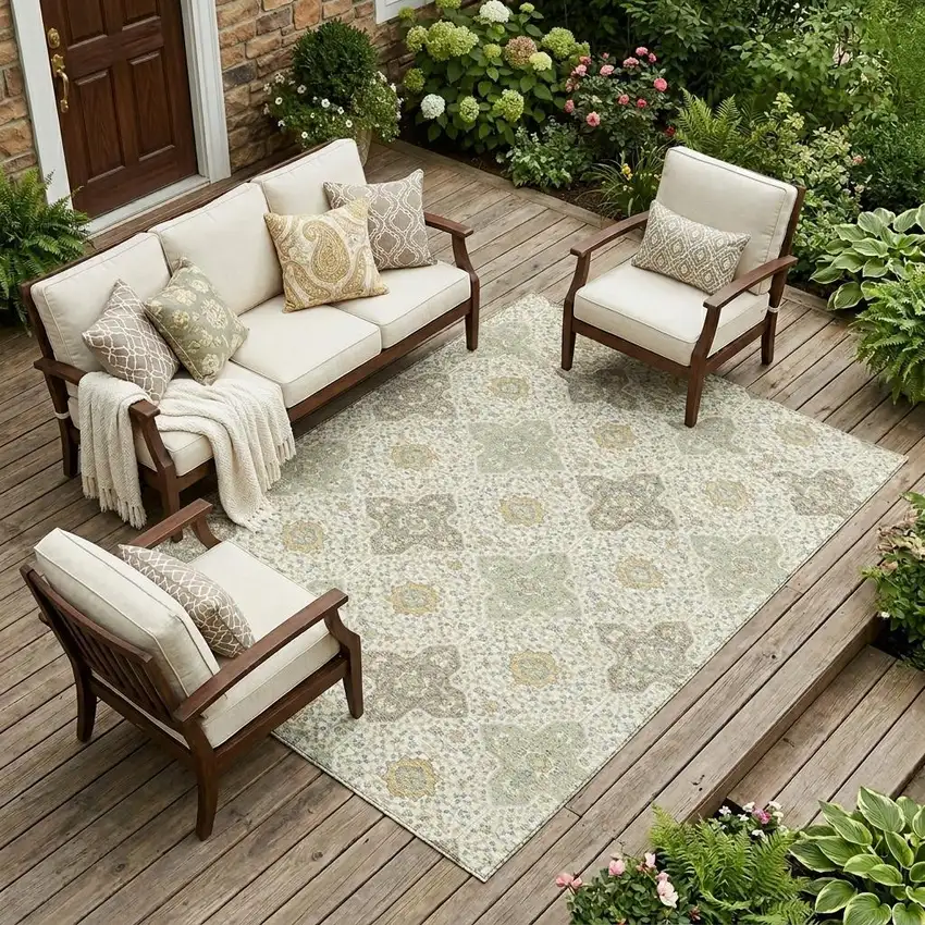 Ivory And Brown Damask Washable Indoor Outdoor Area Rug Photo 1