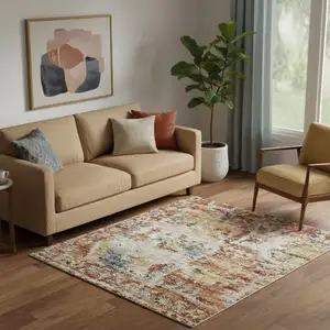 Photo of Ivory And Brown Floral Distressed Area Rug